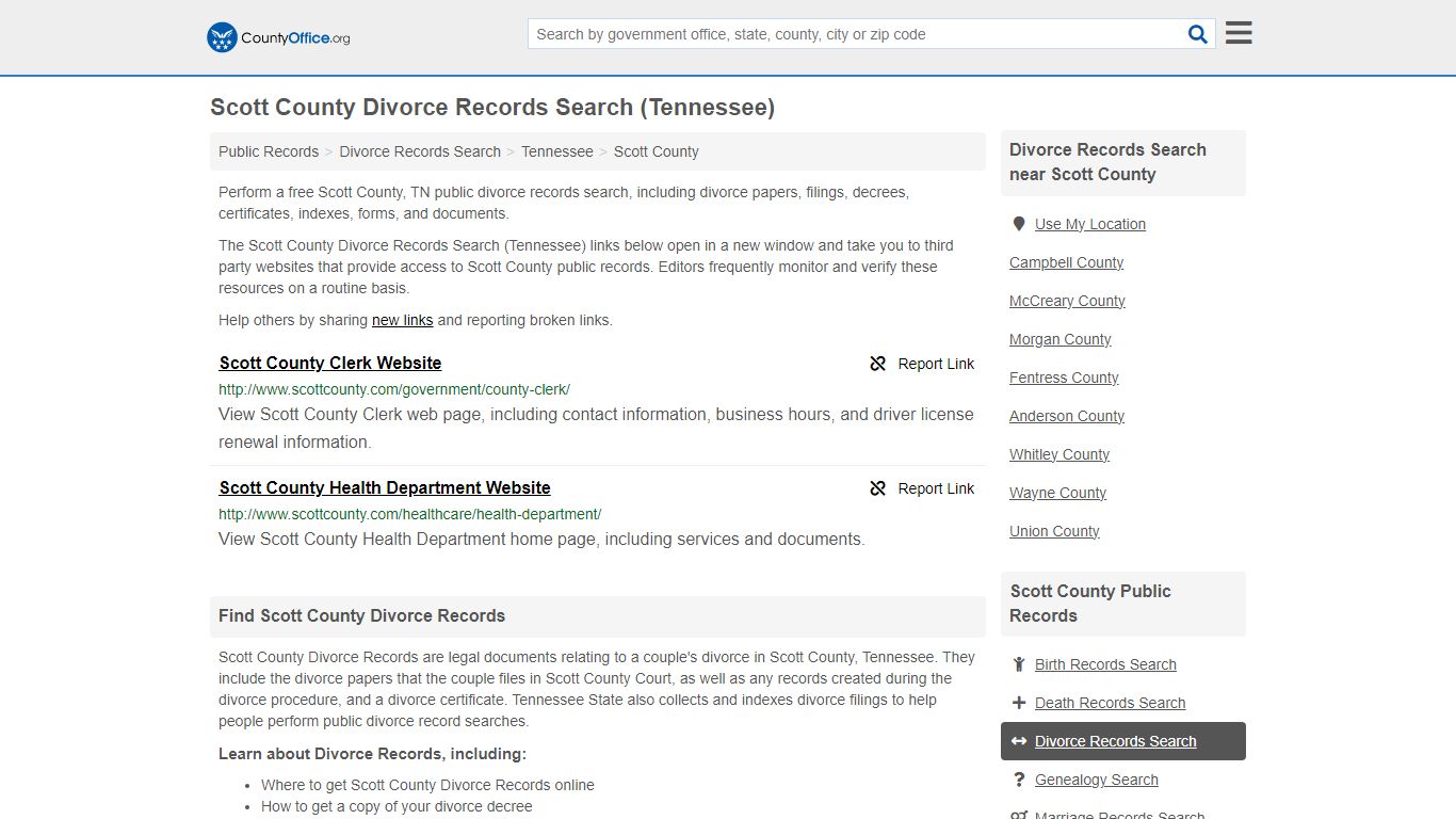 Scott County Divorce Records Search (Tennessee) - County Office